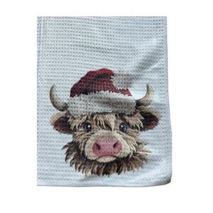 Vintage Christmas Highland Cow Kitchen Towel Waffle Weave Holiday Hostess Gift
